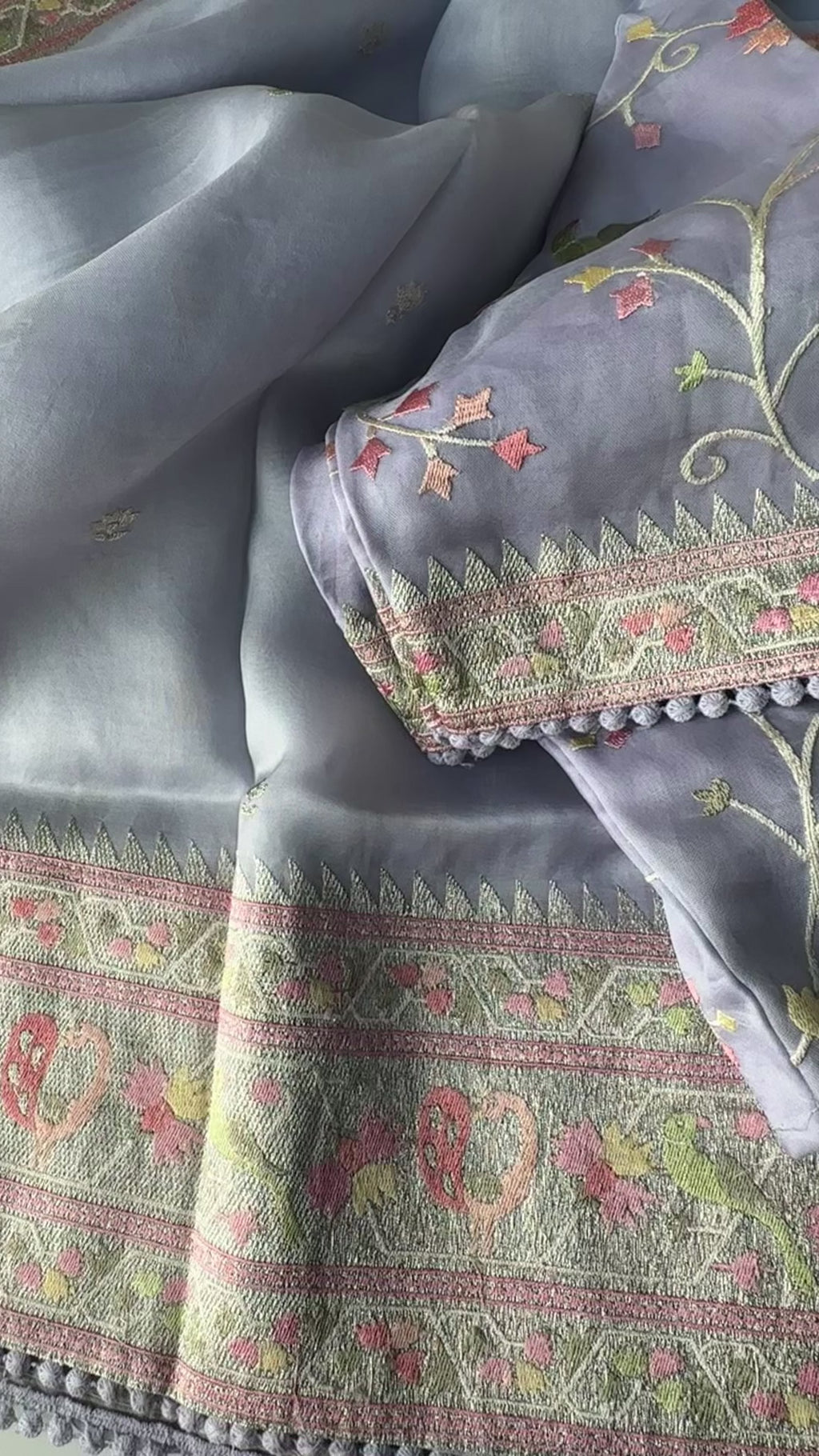 lavender organza silk saree silver zari border stitched blouse kalyana pattu look