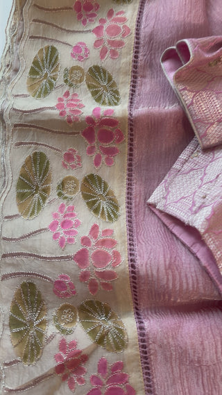 pink handloom crushed tissue silk saree with pichwai embroidered border stitched blouse wedding reception saree