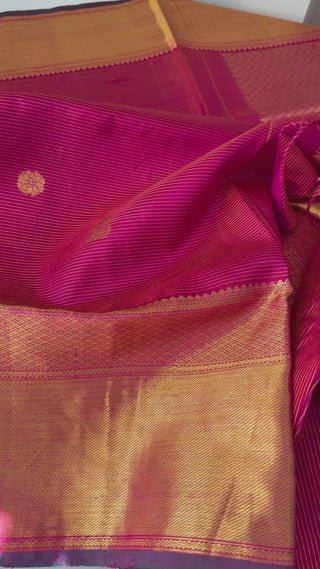 Dark pink kanjivaram silk saree with pure zari weaving paired with prestitched blouse size 36–42