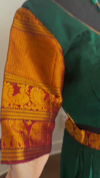 Authentic Mangalagiri cotton lehenga with zari borders, fully lined skirt and blouse, complete with handloom dupatta for Indian ethnic events.