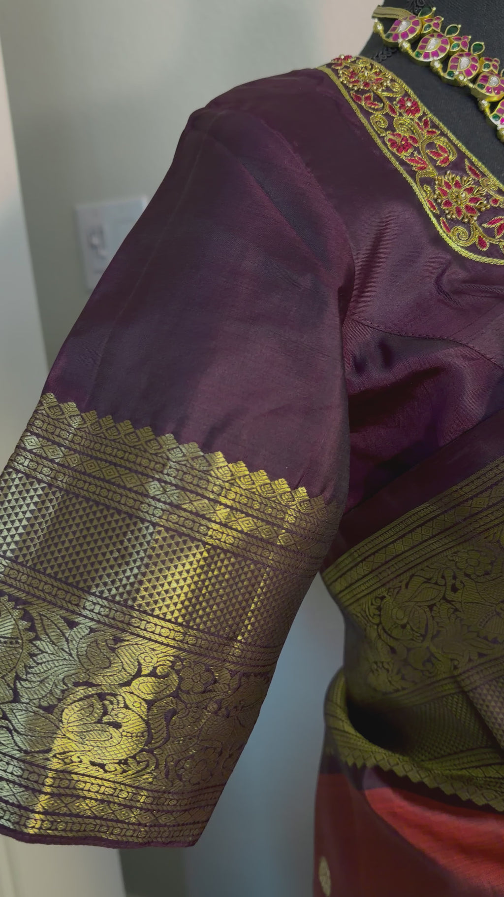 Rust brown Kanjivaram silk saree suitable for mehandi sangeeth and wedding partywear