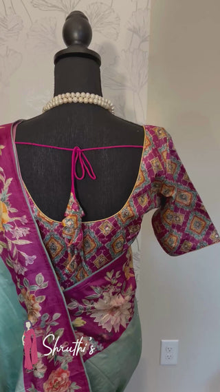 Easy drape Tussar silk saree in pastel blue to pink with embroidered blouse and pallu