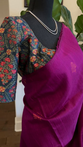 Purple pure Raw silk saree with copper motifs with printed blouse contrast blouse online