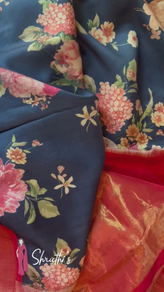 Indian twill silk saree in black, lightweight and elegant, online shopping.