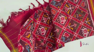 Authentic Patan Patola pure mulberry silk dupatta featuring red base with ikat elephant motifs.
