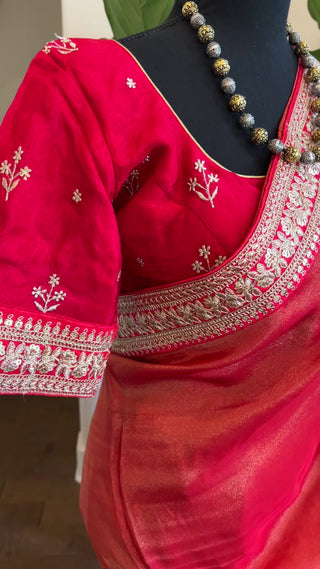 Red Tissue organza silk saree with blouse online usa