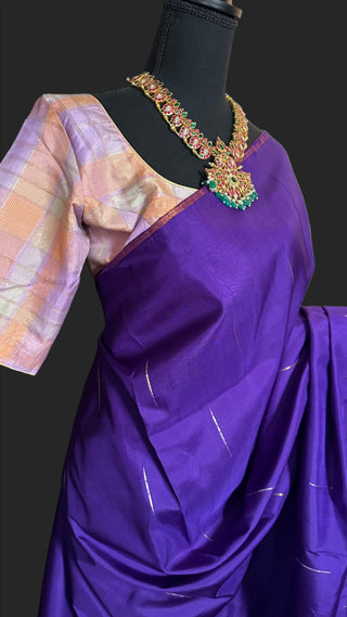 Dark purple gold zari kanchi pattu saree with stitched blouse checks kanjivaram tear drop design borderless saree usa online latest indian wedding