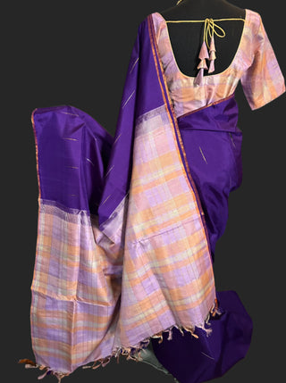 Dark purple gold zari kanchi pattu saree with stitched blouse 