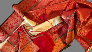 red white kanchi pattu saree bridal kalyana pattu muhurtam saree look indian wedding stitched embrodiered blouse kanjiveram