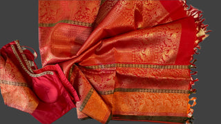 red white kanchi pattu saree bridal kalyana pattu muhurtam saree look indian wedding stitched embrodiered blouse kanjiveram