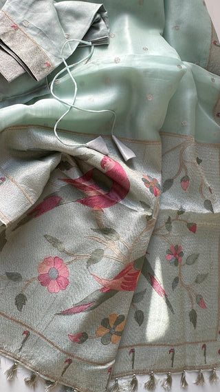 sea green pastel organza silk silver zari usa 