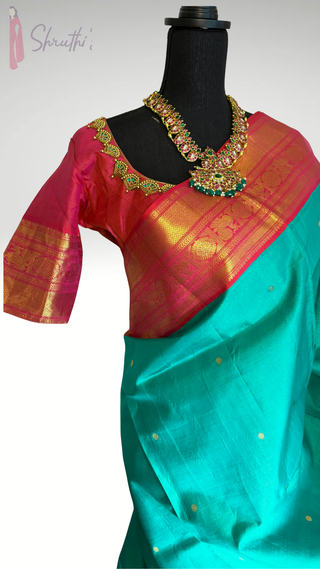 Teal kanjivaram gold vaira oosi indian wedding silk saree online usa pure silk saree bridal embroidery blouse stitched blouse usa 