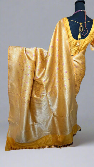 yellow katan benerasi silk saree online usa with stitched blouse indian wedding