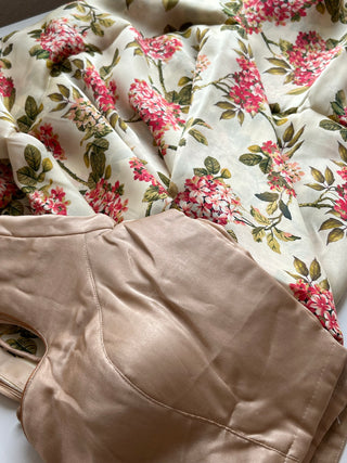 Satin floral printed crepe cream beige sarees online usa 