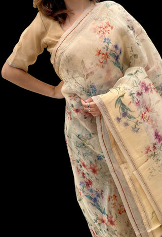 Printed organza silk saree online usa party wear with prestitched blouse online shopping