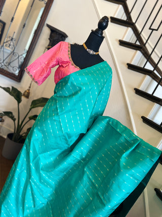 Borderless salmon pink teal with silver  zari pure kanjivaram