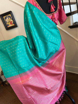 Borderless salmon pink teal with silver  zari pure kanjivaram