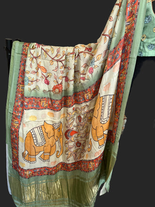 Satin saree Printed kalamkari  Gajji silk saree with zari  stitched  blouse