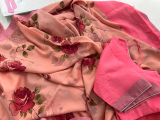 Pink soft silk saree zari borders silver zari borders