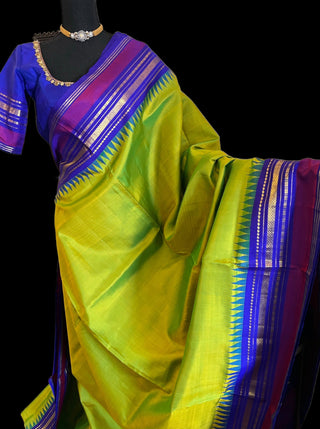 Bright green blue kanchi pattu saree online with embroidered blouse online usa 