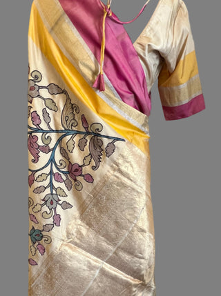 Pure soft silk with Hand painted Pen Kalamkari applique work on the saree with stitched blouse zari border partywear pooja wear Easy drape ready to ship silk saree USA