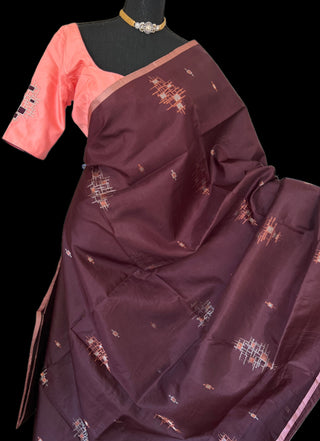 Brown soft silk saree peach embroidered blouse  silver zari soft silk saree usa