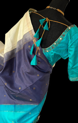 Ven pattu onam saree cream plain  kanjivaram silk saree with hand embroidered blouse
