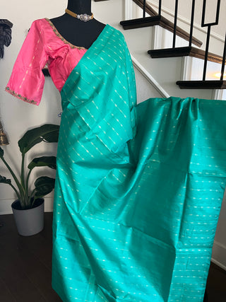 Borderless salmon pink teal with silver  zari pure kanjivaram