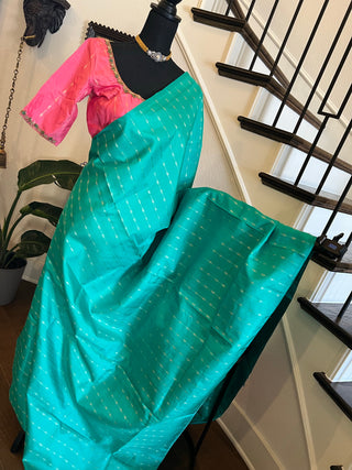 Borderless salmon pink teal with silver  zari pure kanjivaram