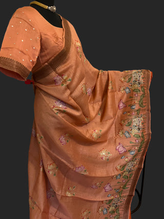 Tussar silk saree online kalamkari prints blouse and pallu prestitched blouse