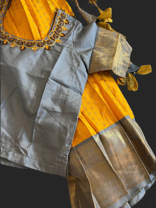 Yellow kanchi pattu langa set for 10/12 year old