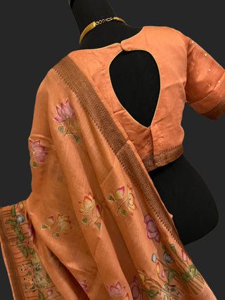 Tussar silk saree online kalamkari prints blouse and pallu prestitched blouse