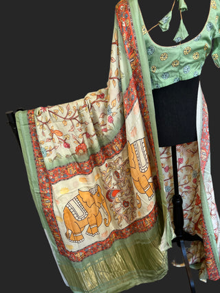 Satin saree Printed kalamkari  Gajji silk saree with zari  stitched  blouse