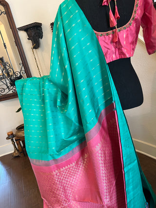 Borderless salmon pink teal with silver  zari pure kanjivaram