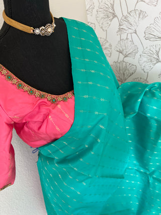 Borderless salmon pink teal with silver  zari pure kanjivaram